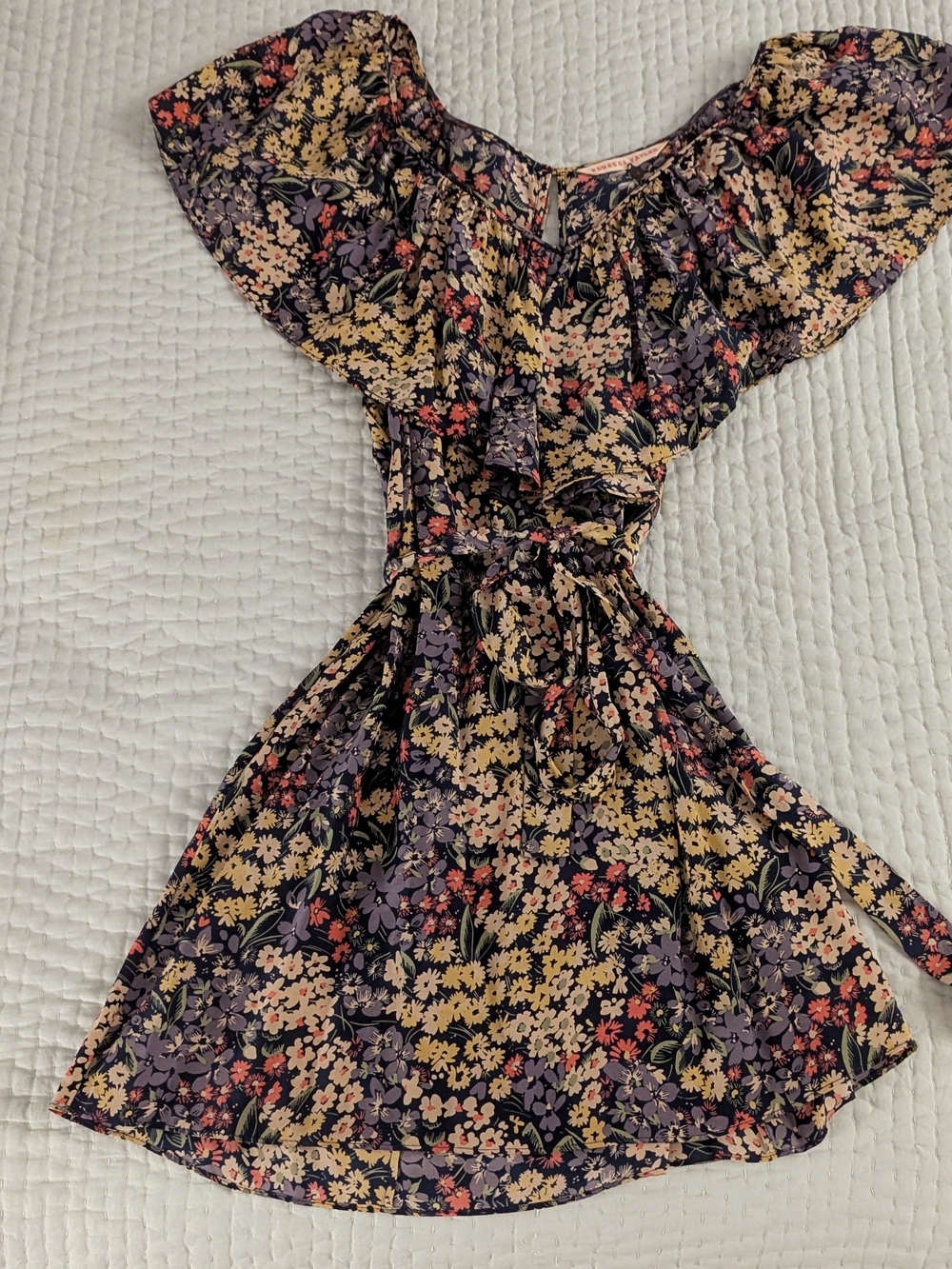 Rebecca Taylor Floral Ruffle Dress in Navy with Yellow and Purple Flowers